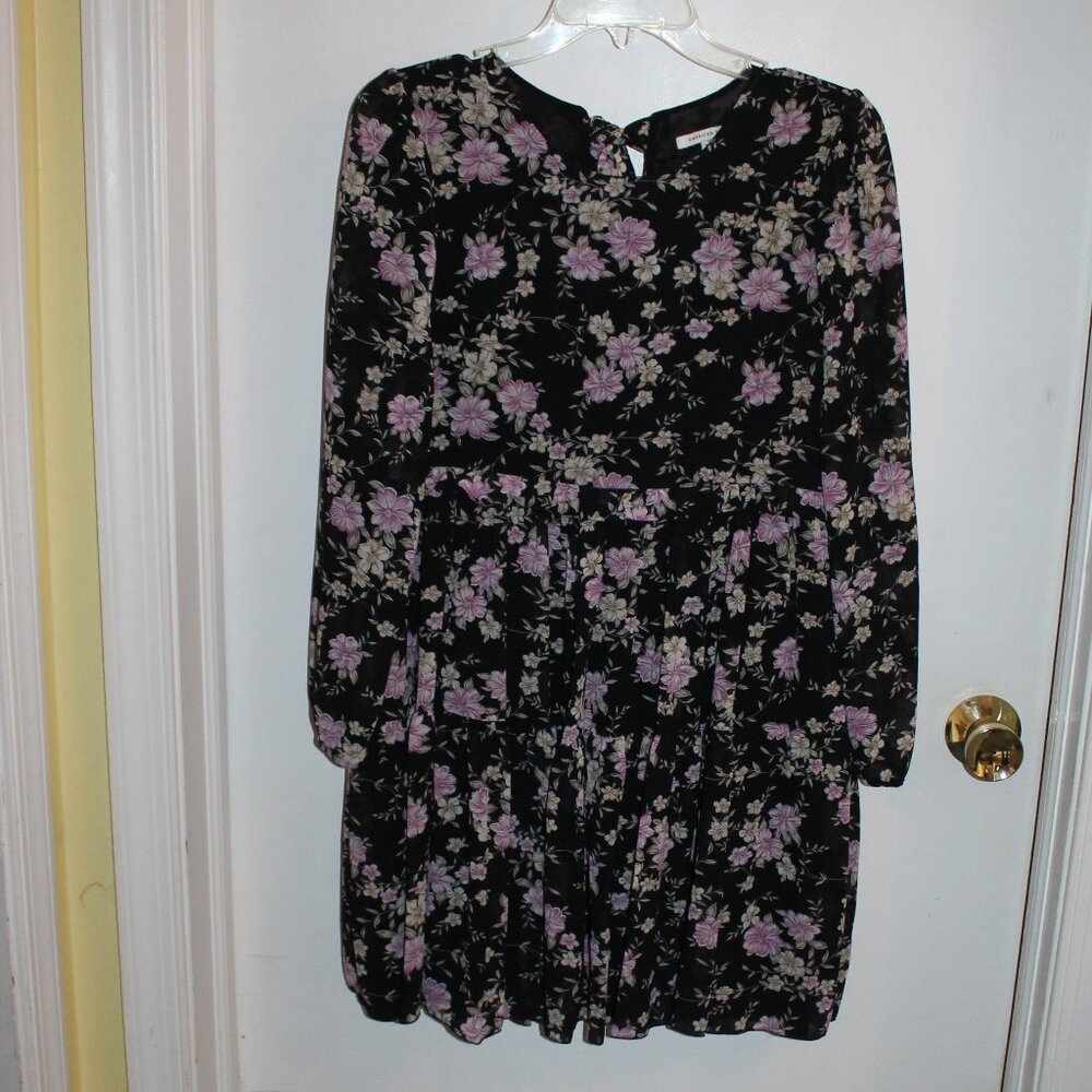 American Eagle Black Dress w/Pink Floral, Long Sleeve, Tie closure